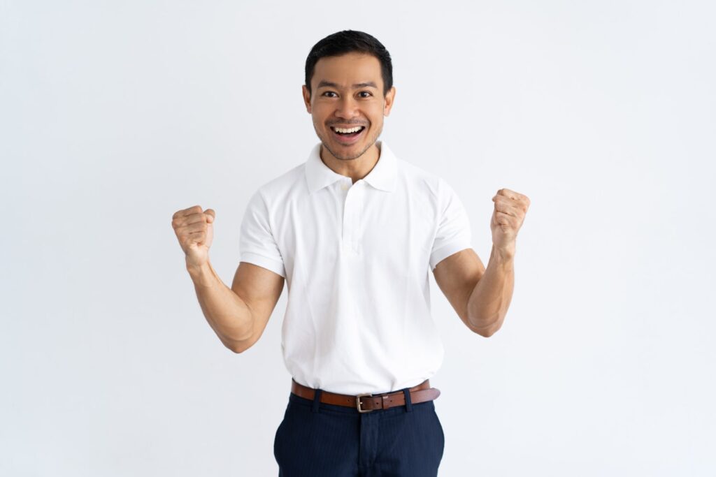 Man on white polo and blue trouser